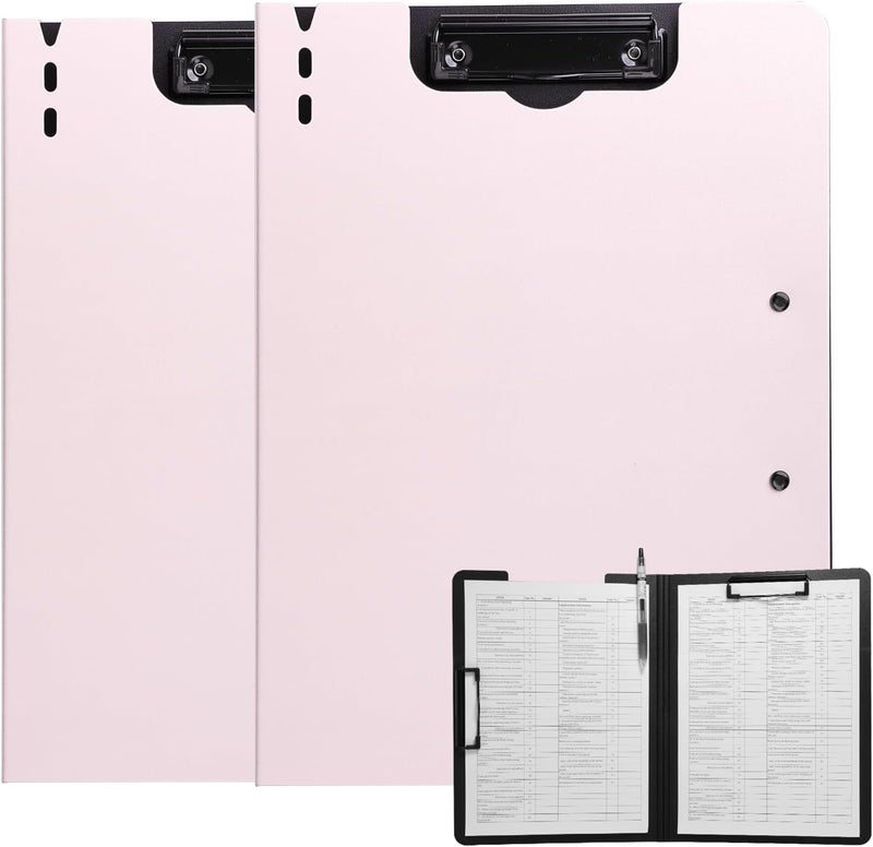 FRETONBA Clipboard Folder, 2 Pcs A4 Foldable Clipboard with Horizontal and Vertical Double Metal Clips, 360 Degree Foldable Binder Clipboards with Pen Holder, File Cover Work Folder Clipboards, Pink - Image 1